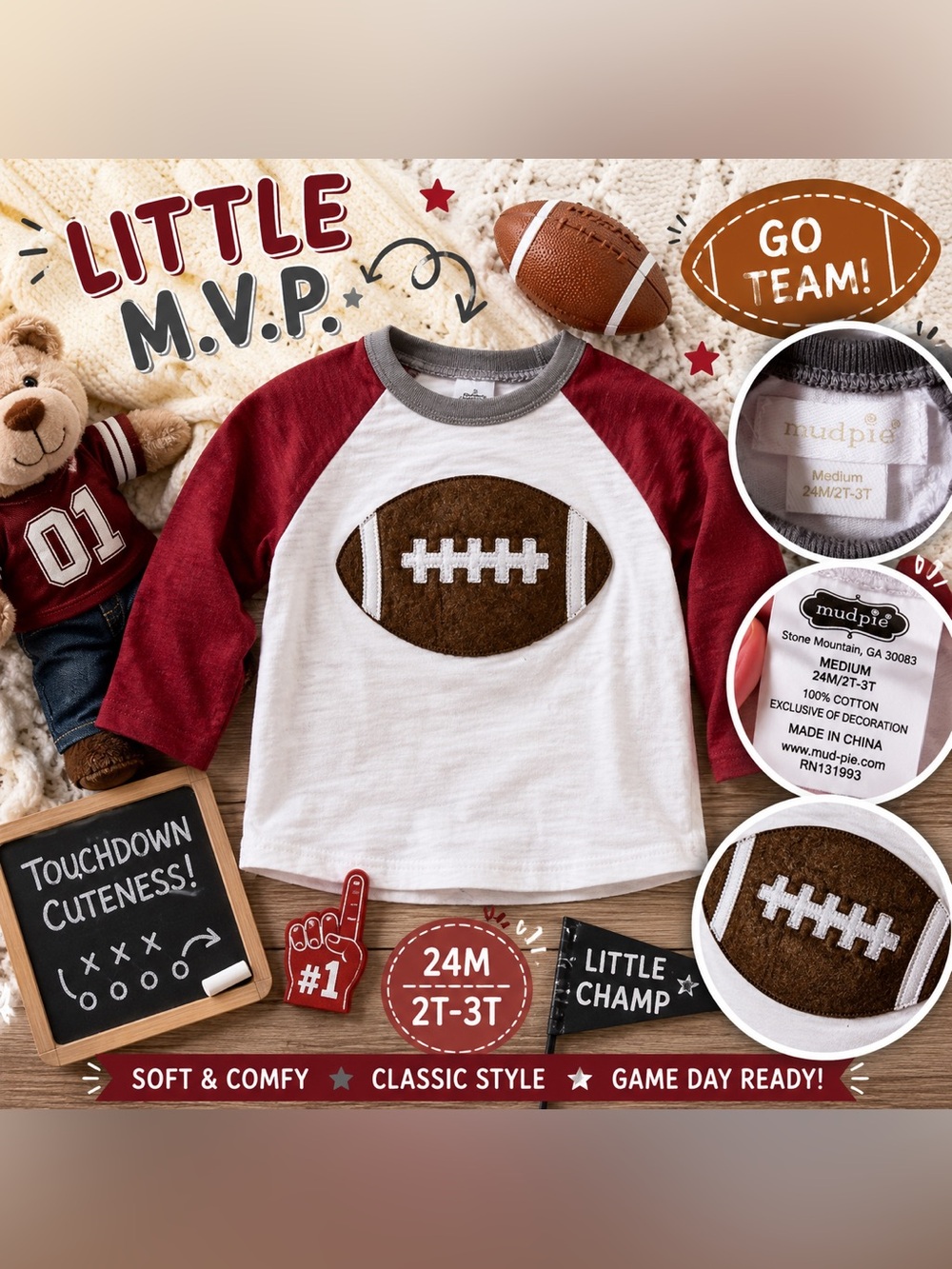 Mud Pie Football Appliqué Raglan Tee Toddler 2T-3T Game Day Shirt